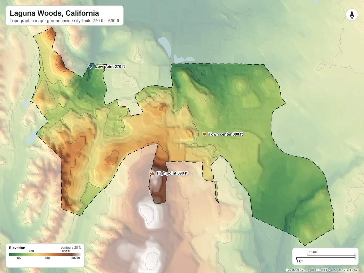 Topographic elevation map of Laguna Woods, California, shaded from 270 ft on the northwest side to 690 ft on the southwest side