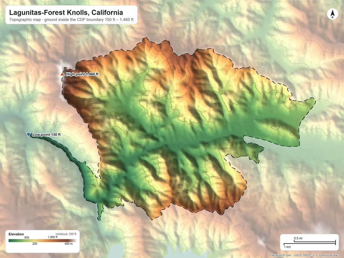 Topographic elevation map of Lagunitas-Forest Knolls, California, shaded from 150 ft on the west side to 1,460 ft on Barnabe Mountain