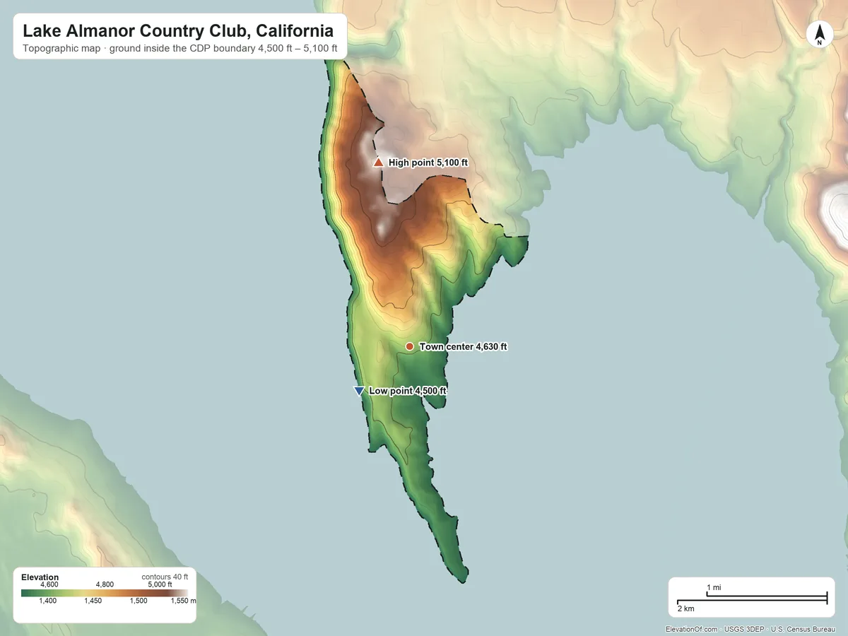 Topographic elevation map of Lake Almanor Country Club, California, shaded from 4,500 ft on the southwest side to 5,100 ft on the north side