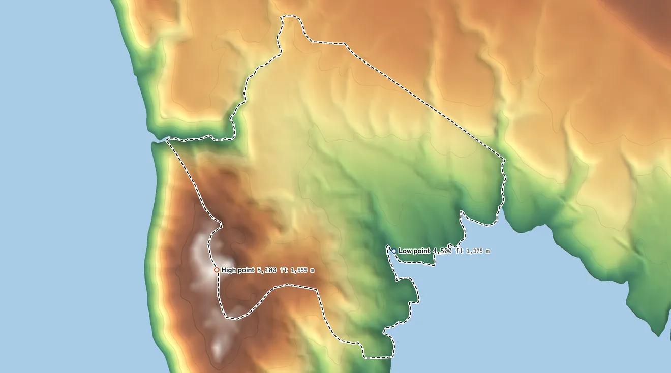 Topographic elevation map of Lake Almanor Peninsula, California, shaded from 4,500 ft on the southeast side to 5,100 ft on the southwest side