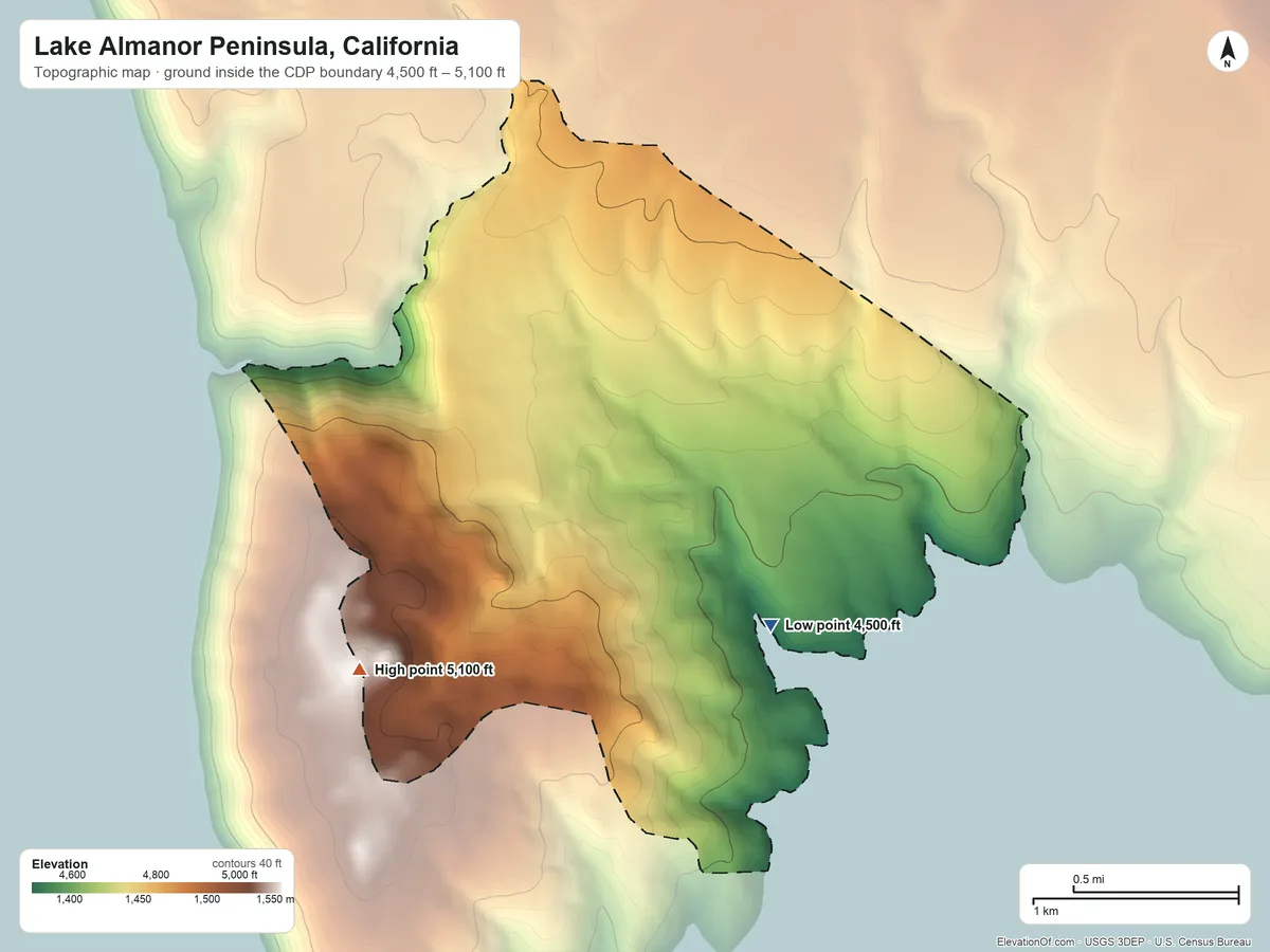 Topographic elevation map of Lake Almanor Peninsula, California, shaded from 4,500 ft on the southeast side to 5,100 ft on the southwest side