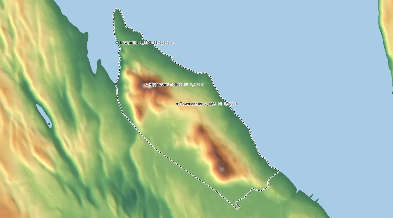 Topographic elevation map of Lake Almanor West, California, shaded from 4,500 ft on the northwest side to 4,860 ft on the northwest side