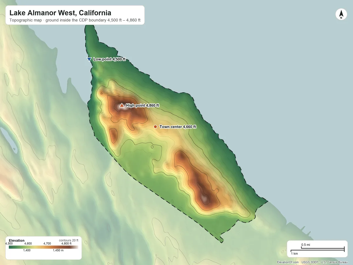 Topographic elevation map of Lake Almanor West, California, shaded from 4,500 ft on the northwest side to 4,860 ft on the northwest side