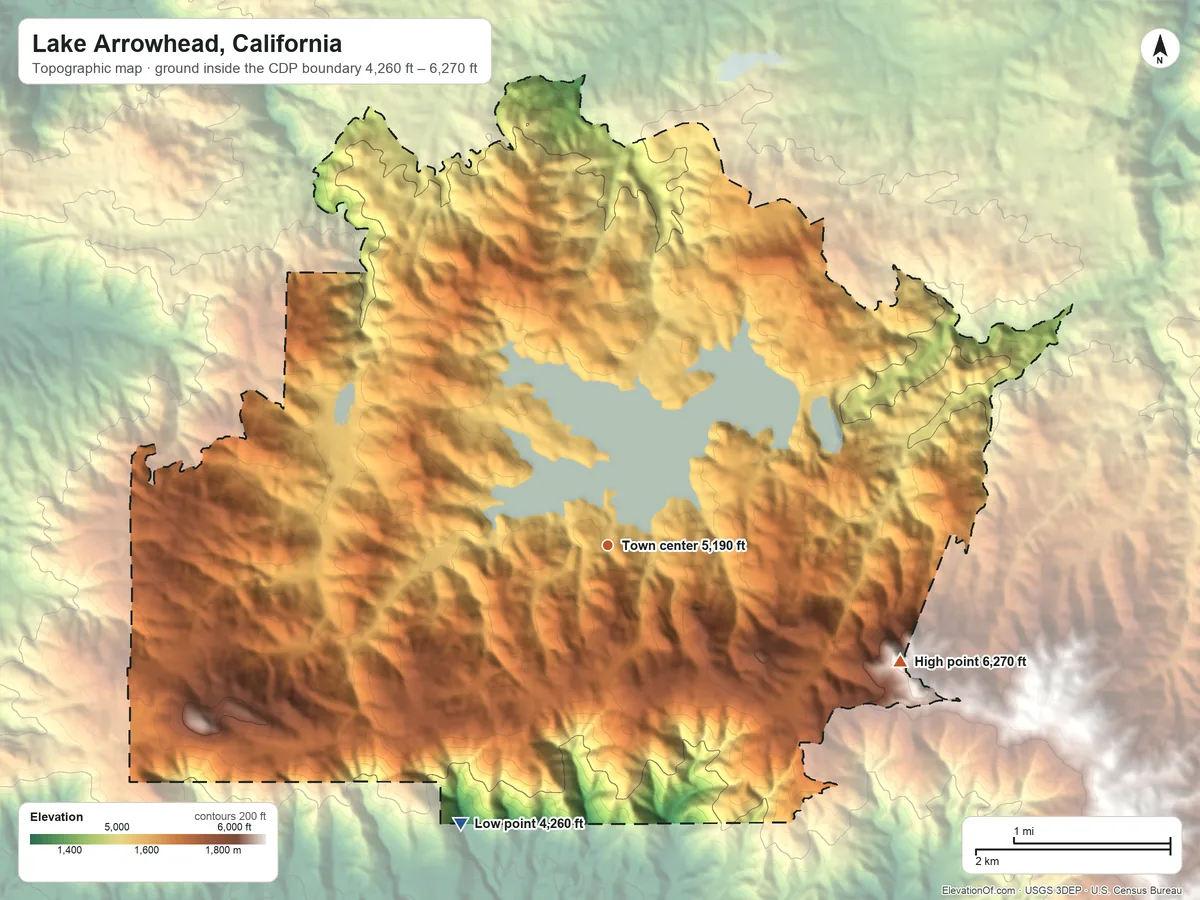 Topographic elevation map of Lake Arrowhead, California, shaded from 4,260 ft on the southwest side to 6,270 ft on Mount Sorenson
