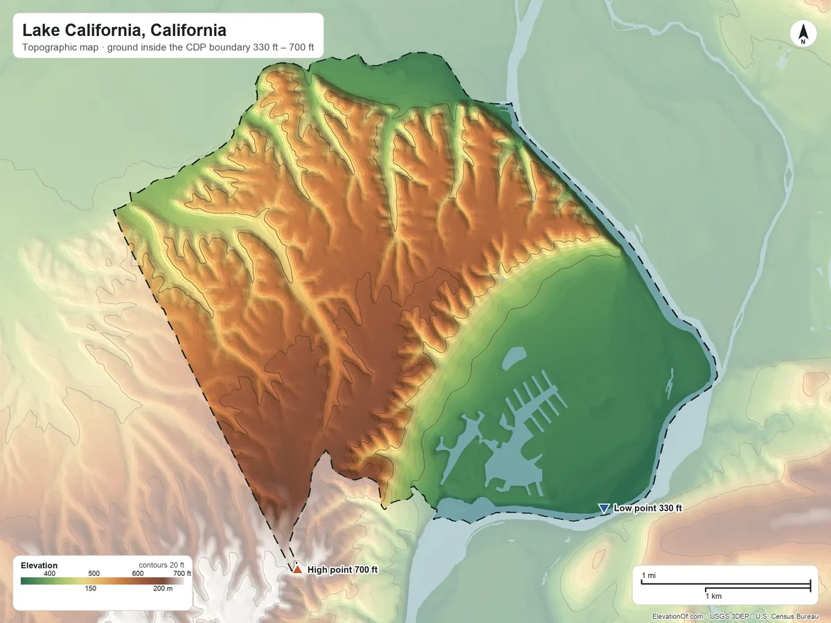 Topographic elevation map of Lake California, California, shaded from 330 ft on the southeast side to 700 ft on the south side