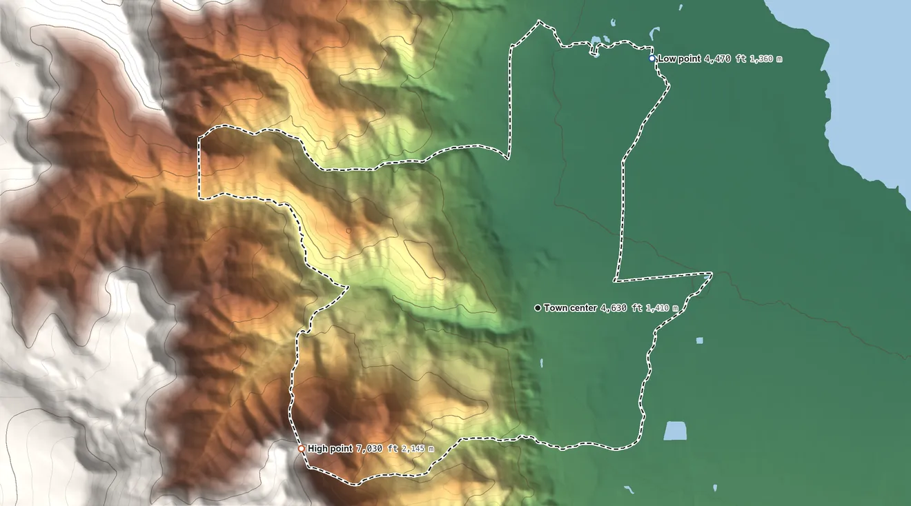 Topographic elevation map of Lake City, California, shaded from 4,470 ft on the northeast side to 7,030 ft on the southwest edge, below higher ground just outside