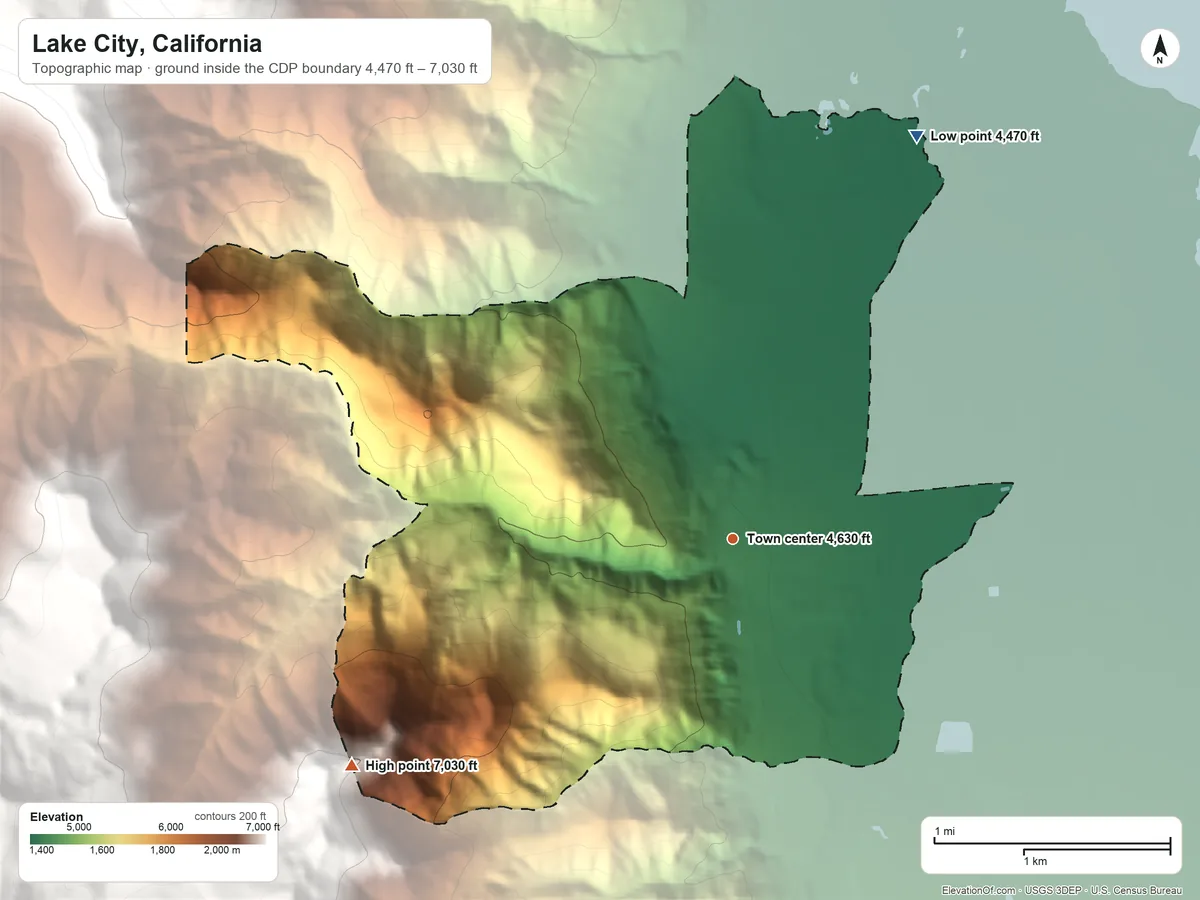 Topographic elevation map of Lake City, California, shaded from 4,470 ft on the northeast side to 7,030 ft on the southwest edge, below higher ground just outside