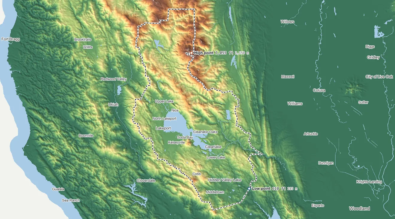Topographic elevation map of Lake County, California, shaded from 610 ft on the southeast side to 7,055 ft on Snow Mountain