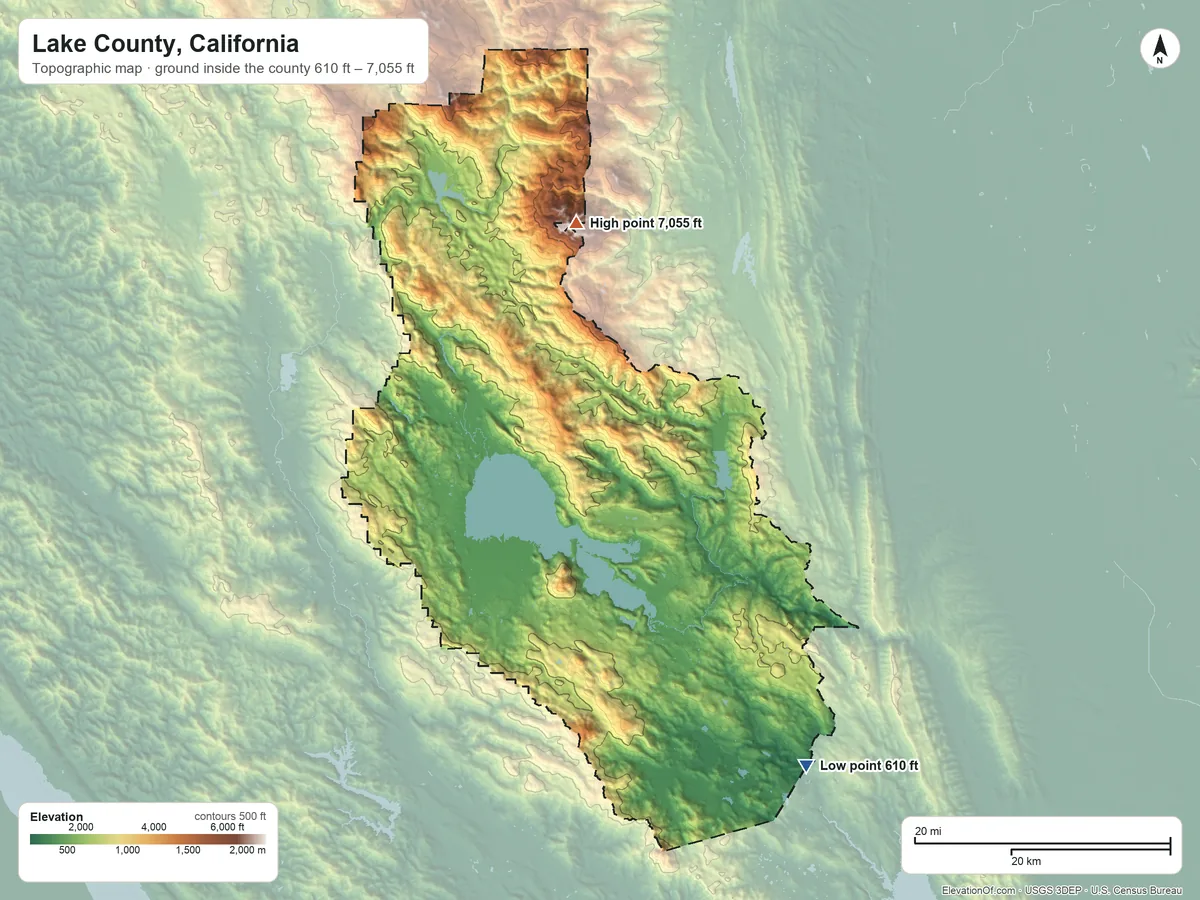 Topographic elevation map of Lake County, California, shaded from 610 ft on the southeast side to 7,055 ft on Snow Mountain