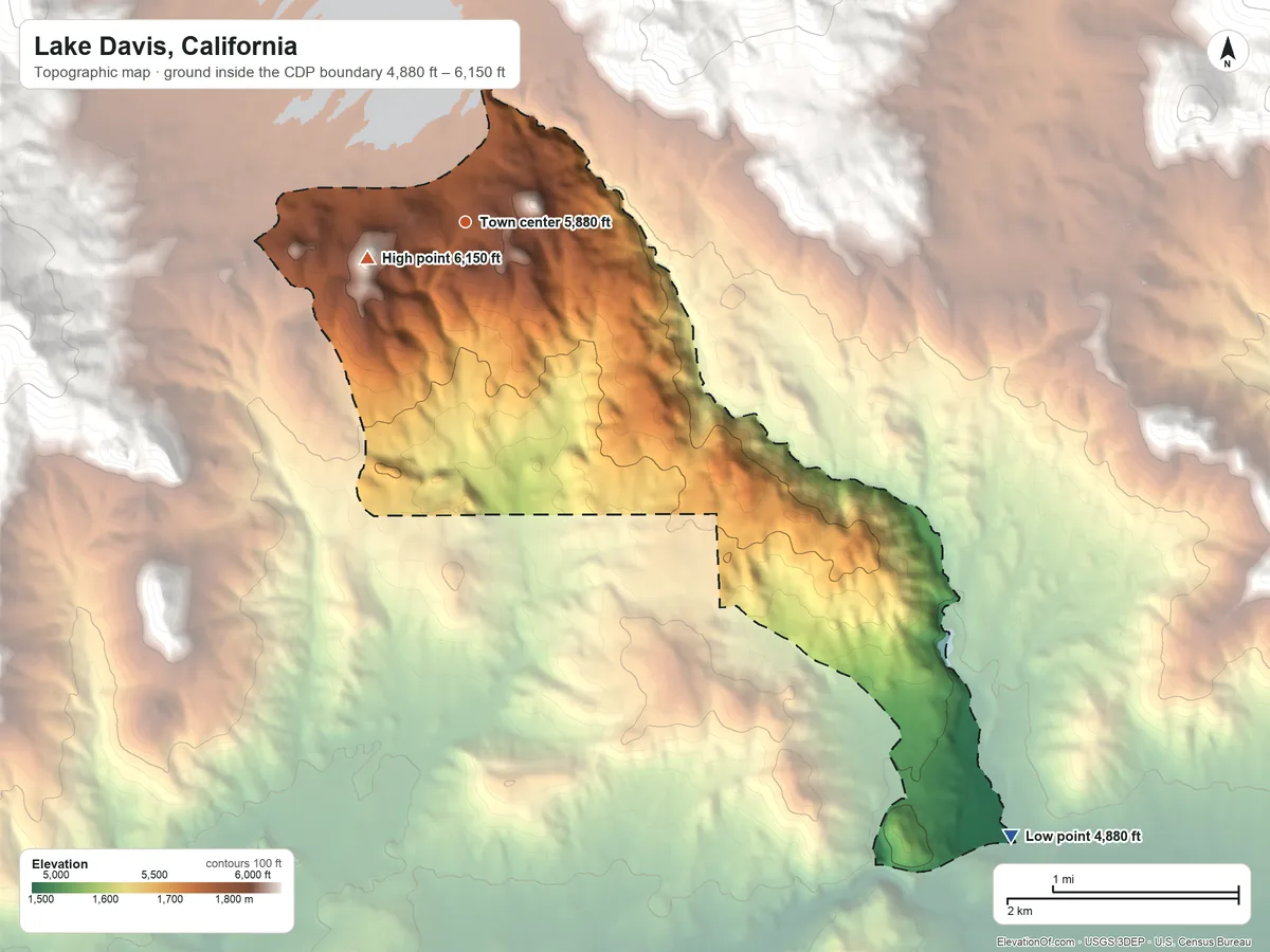 Topographic elevation map of Lake Davis, California, shaded from 4,880 ft on the southeast side to 6,150 ft at the foot of the Coyote Hills