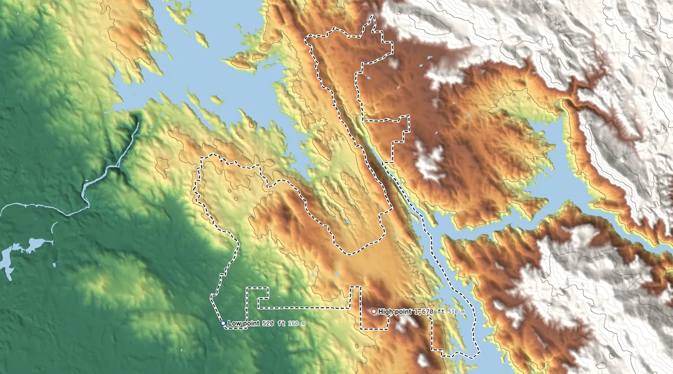 Topographic elevation map of Lake Don Pedro, California, shaded from 520 ft on the southwest side to 1,670 ft on the southeast side