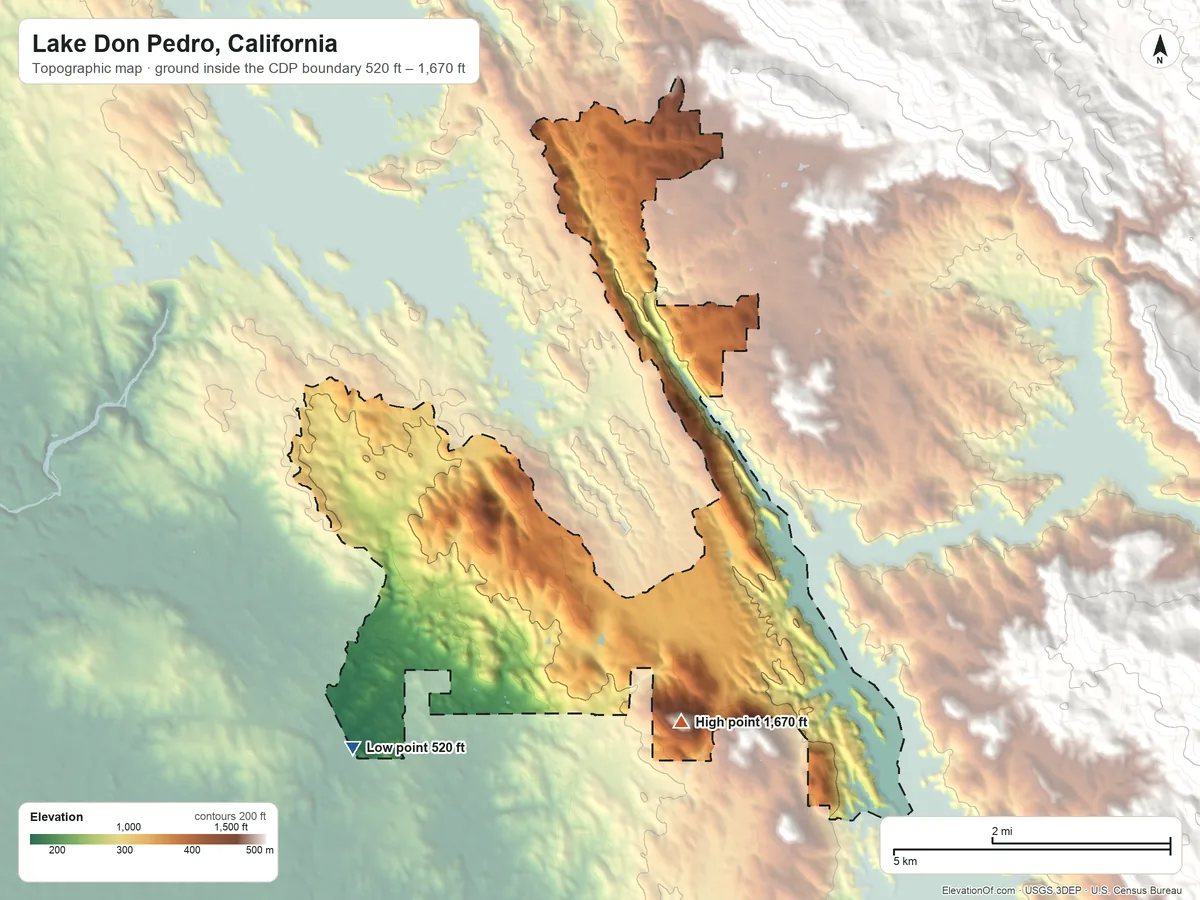 Topographic elevation map of Lake Don Pedro, California, shaded from 520 ft on the southwest side to 1,670 ft on the southeast side