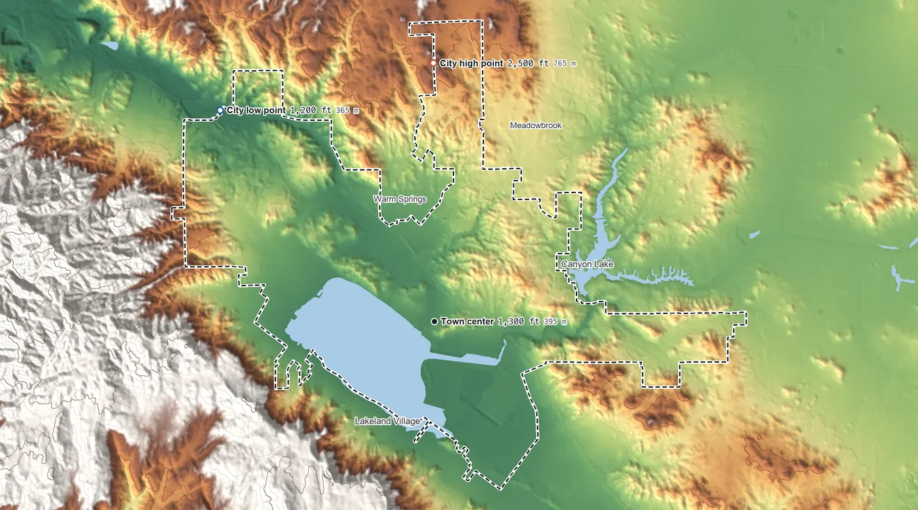 Topographic elevation map of Lake Elsinore, California, shaded from 1,200 ft on the northwest side to 2,500 ft on the north side