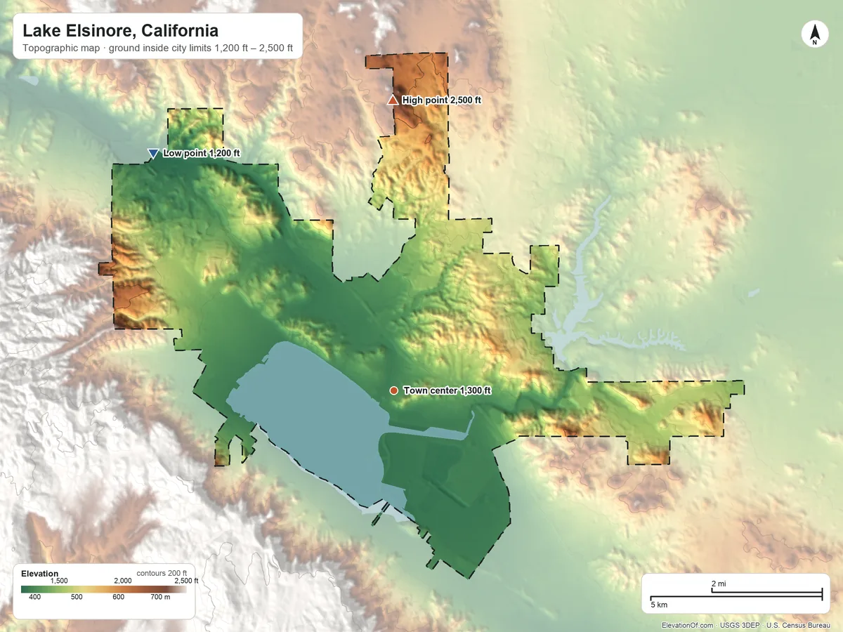 Topographic elevation map of Lake Elsinore, California, shaded from 1,200 ft on the northwest side to 2,500 ft on the north side