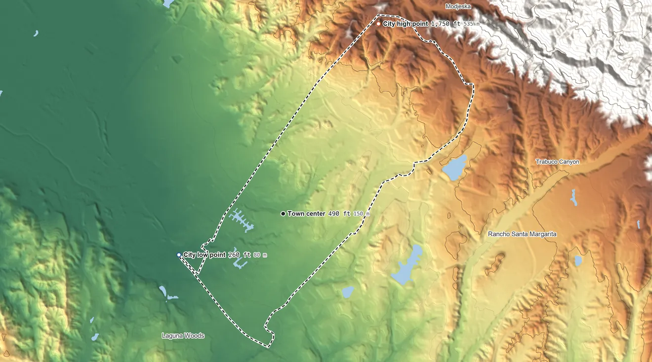 Topographic elevation map of Lake Forest, California, shaded from 260 ft on the west side to 1,750 ft on the northeast side