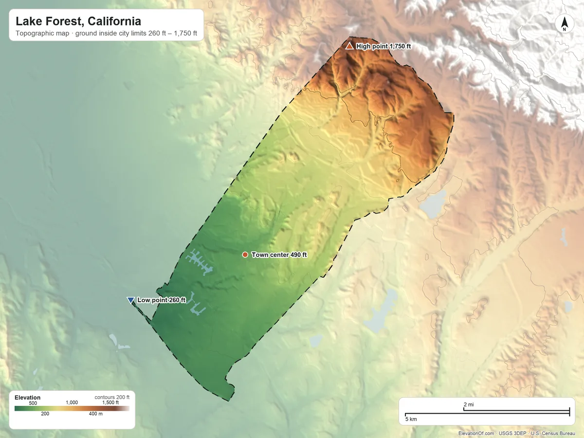 Topographic elevation map of Lake Forest, California, shaded from 260 ft on the west side to 1,750 ft on the northeast side
