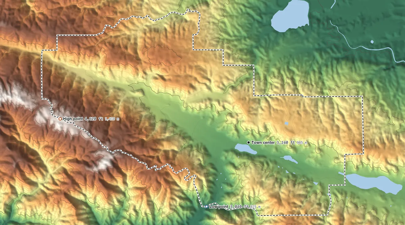 Topographic elevation map of Lake Hughes, California, shaded from 3,040 ft on the southwest side to 4,620 ft on the west edge, below higher ground just outside