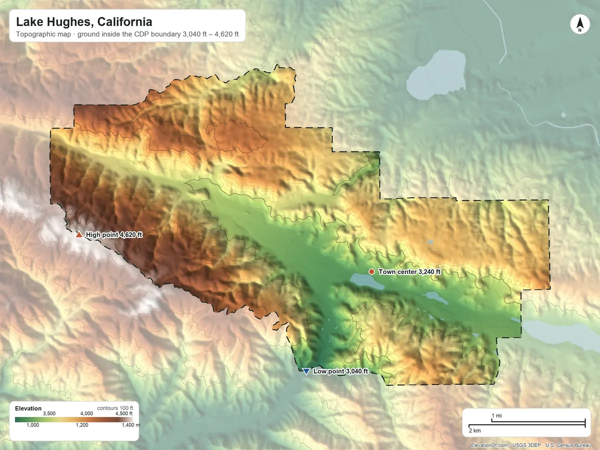 Topographic elevation map of Lake Hughes, California, shaded from 3,040 ft on the southwest side to 4,620 ft on the west edge, below higher ground just outside