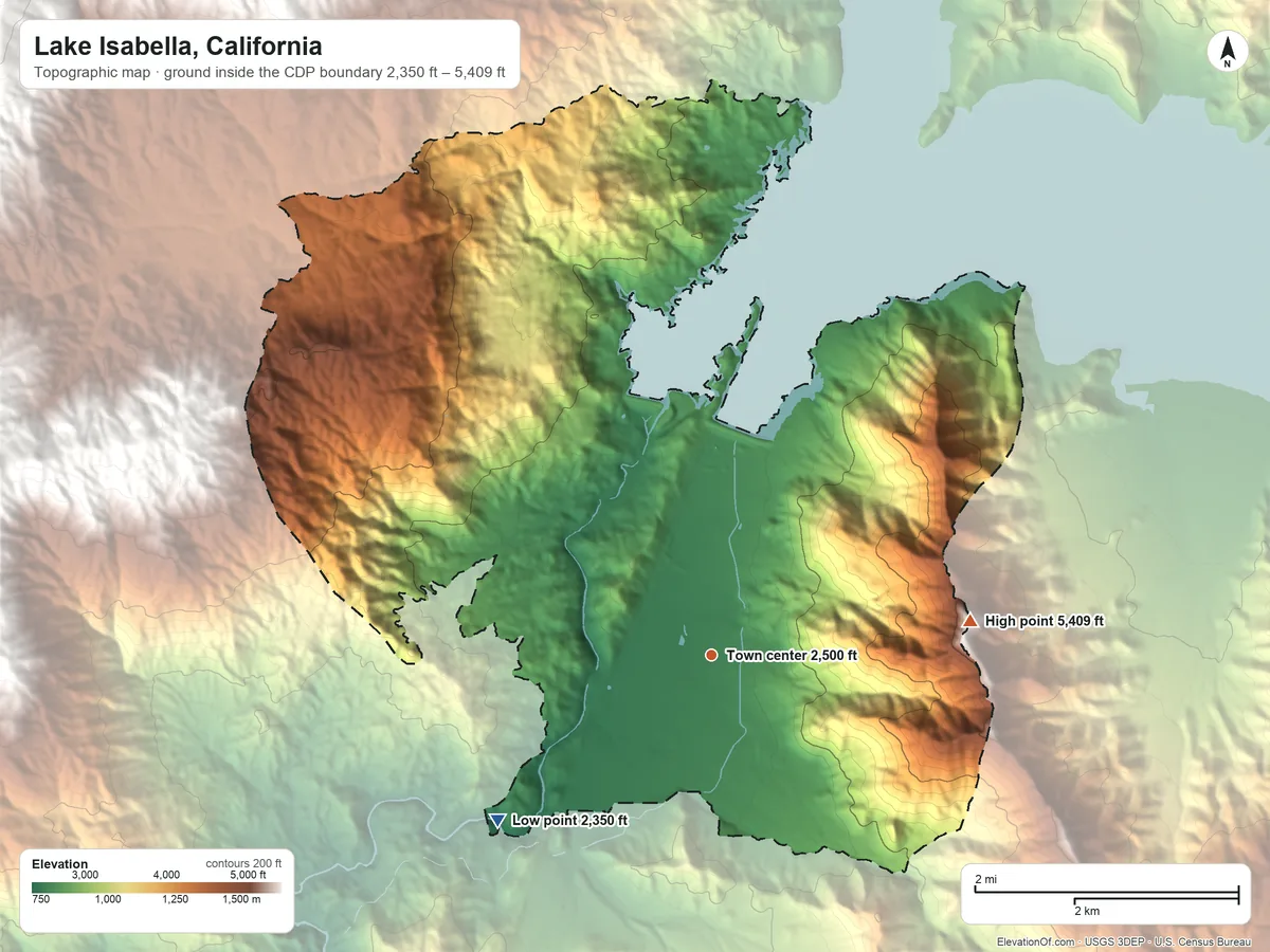 Topographic elevation map of Lake Isabella, California, shaded from 2,350 ft on the southwest side to 5,409 ft on Cook Peak
