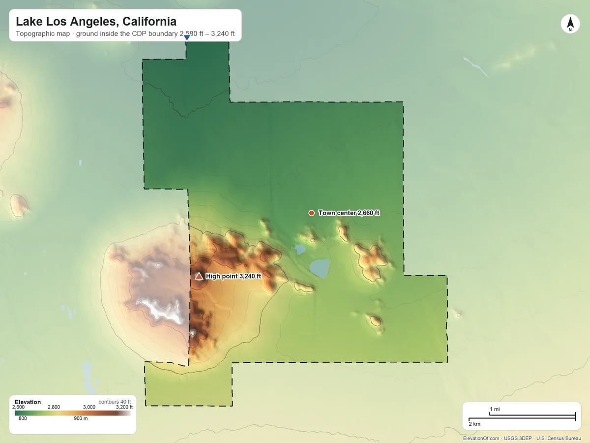 Topographic elevation map of Lake Los Angeles, California, shaded from 2,580 ft on the northwest side to 3,240 ft on the southwest side