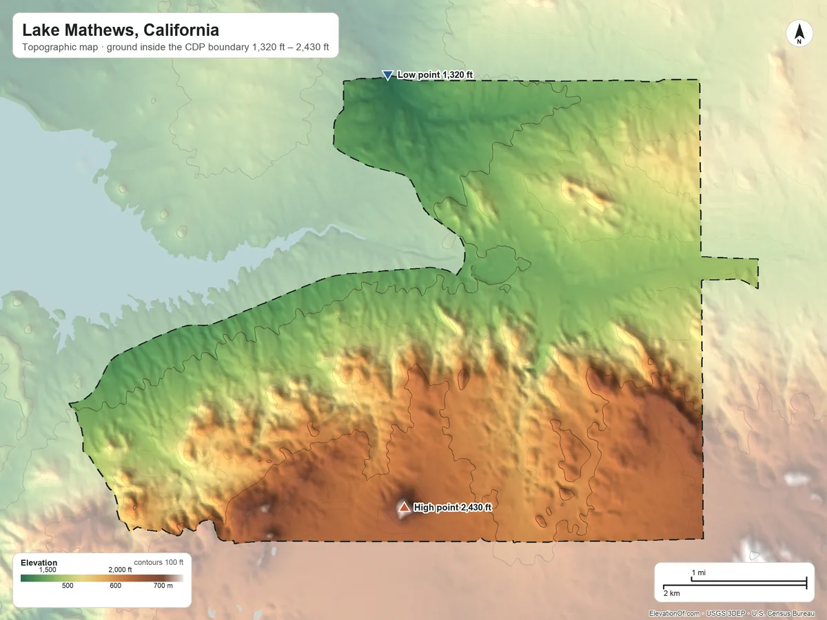 Topographic elevation map of Lake Mathews, California, shaded from 1,320 ft on the northwest side to 2,430 ft on Gavilan Peak