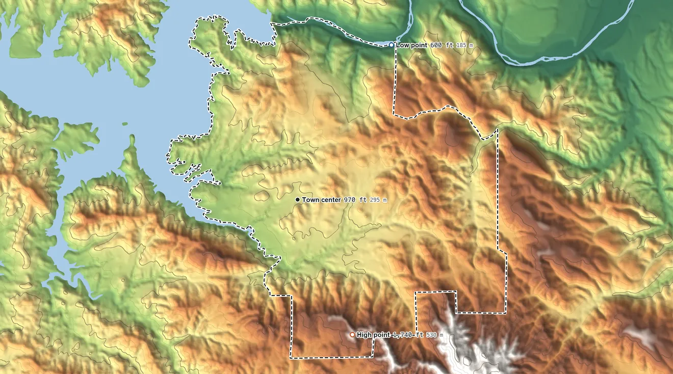 Topographic elevation map of Lake Nacimiento, California, shaded from 600 ft on the northeast side to 1,740 ft on the south edge, below higher ground just outside