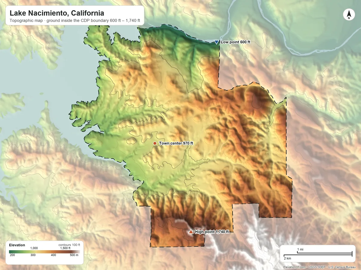 Topographic elevation map of Lake Nacimiento, California, shaded from 600 ft on the northeast side to 1,740 ft on the south edge, below higher ground just outside