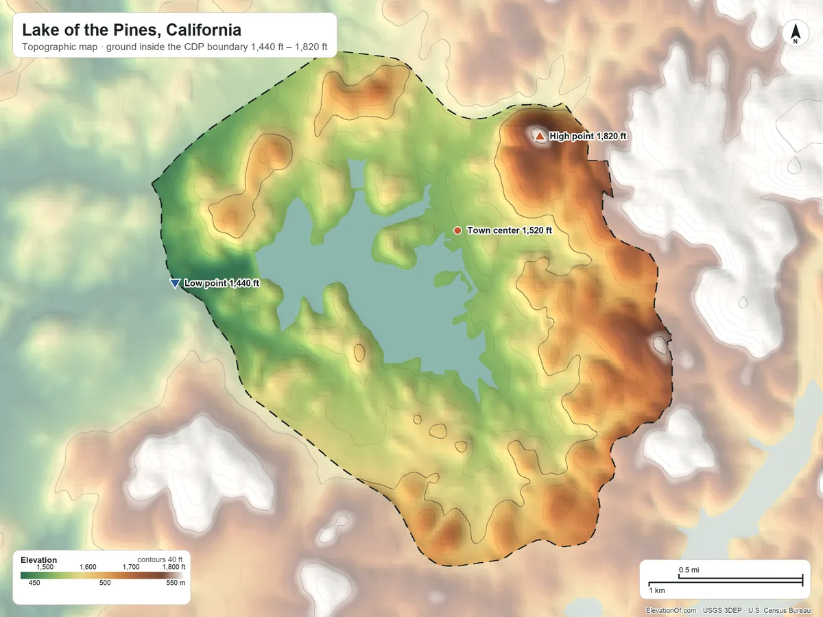 Topographic elevation map of Lake of the Pines, California, shaded from 1,440 ft on the west side to 1,820 ft on the northeast edge, below higher ground just outside