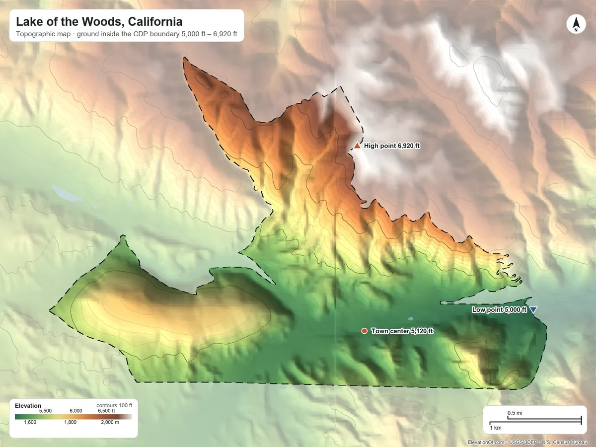 Topographic elevation map of Lake of the Woods, California, shaded from 5,000 ft on the east side to 6,920 ft on the north side