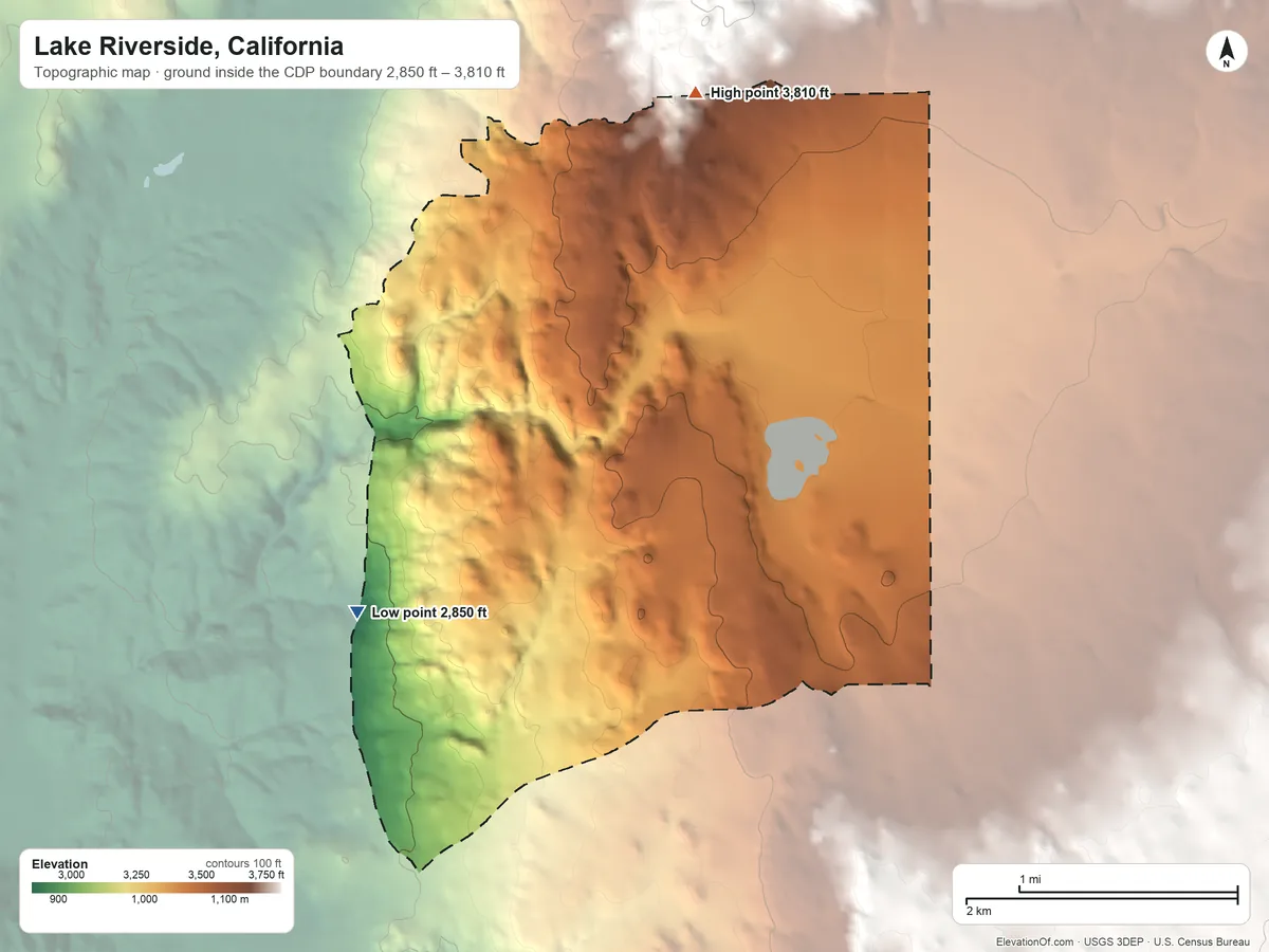 Topographic elevation map of Lake Riverside, California, shaded from 2,850 ft on the southwest side to 3,810 ft at the foot of the Black Hills