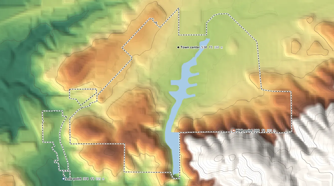 Topographic elevation map of Lake San Marcos, California, shaded from 370 ft on the southwest side to 900 ft at the foot of the Buena Vista Hills