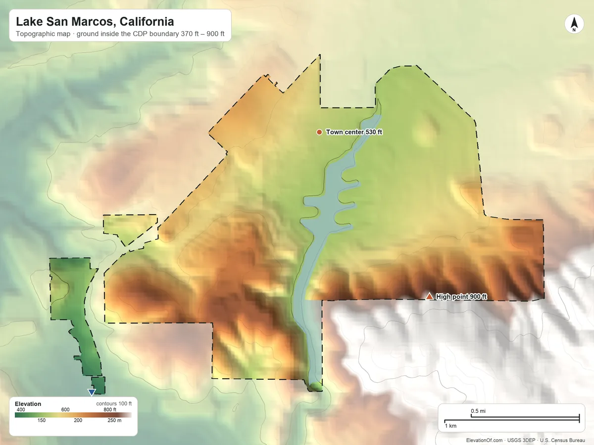 Topographic elevation map of Lake San Marcos, California, shaded from 370 ft on the southwest side to 900 ft at the foot of the Buena Vista Hills