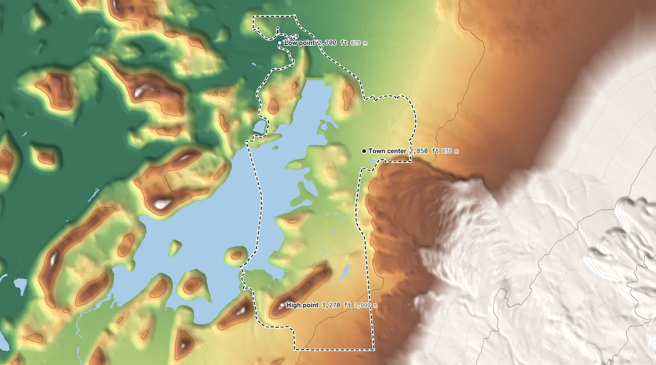 Topographic elevation map of Lake Shastina, California, shaded from 2,700 ft on the northwest side to 3,270 ft on the southwest side