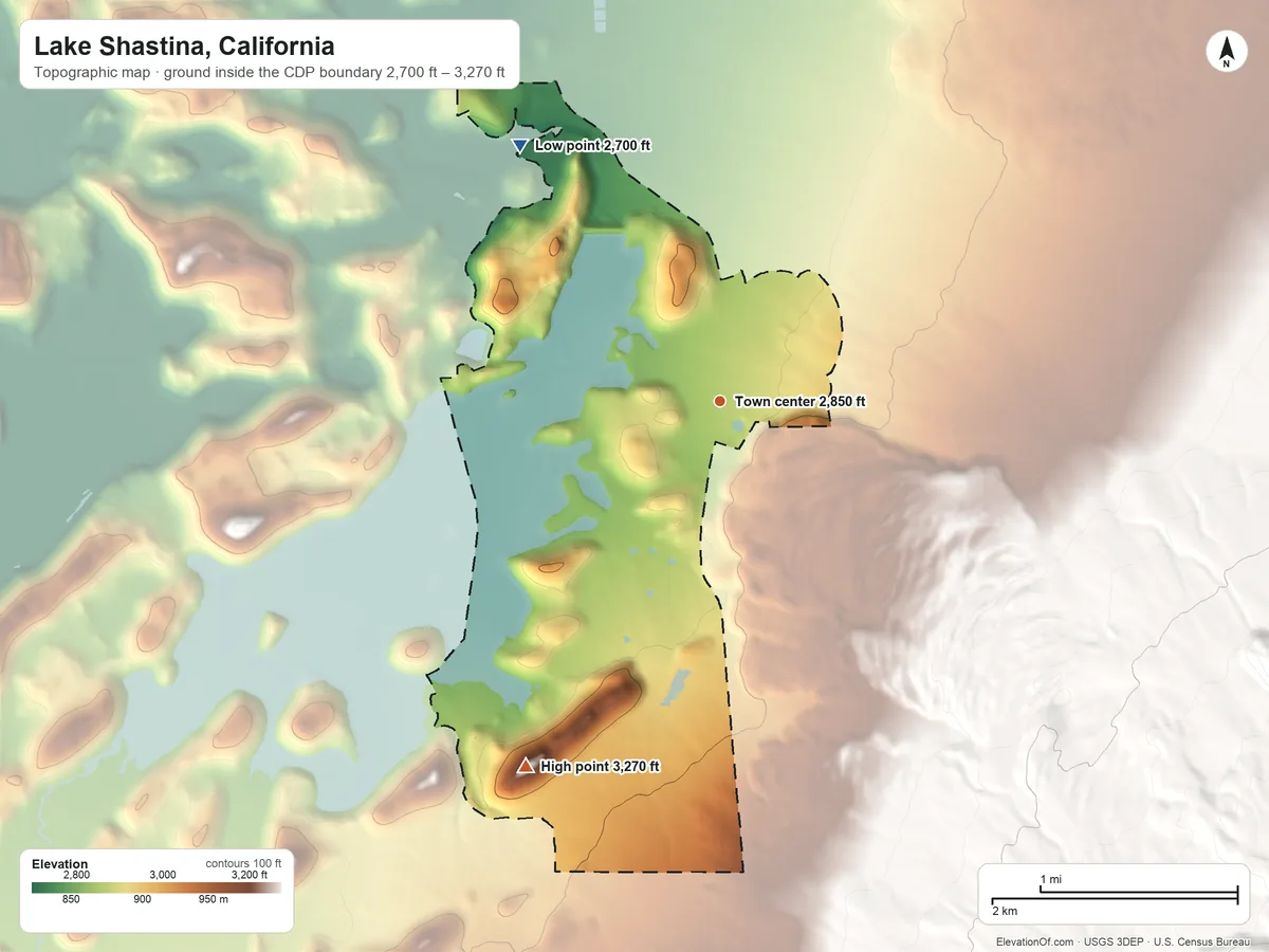 Topographic elevation map of Lake Shastina, California, shaded from 2,700 ft on the northwest side to 3,270 ft on the southwest side