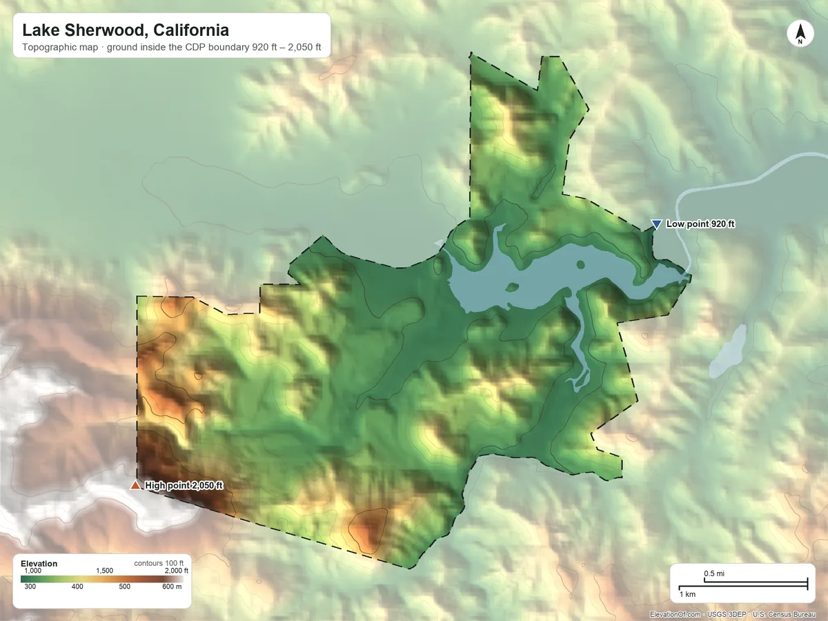 Topographic elevation map of Lake Sherwood, California, shaded from 920 ft on the northeast side to 2,050 ft at the foot of the Simi Hills