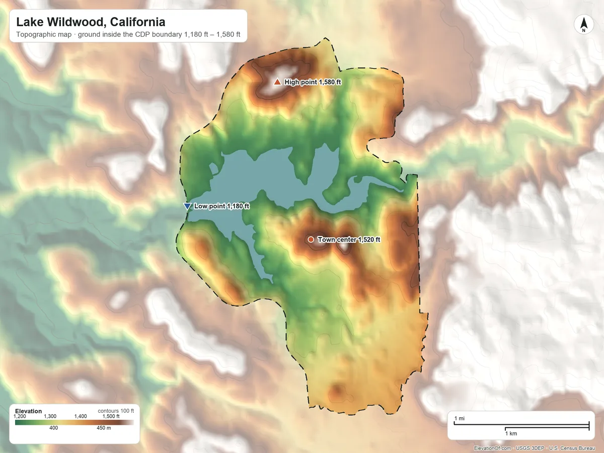 Topographic elevation map of Lake Wildwood, California, shaded from 1,180 ft on the west side to 1,580 ft at the foot of the Oat Hills