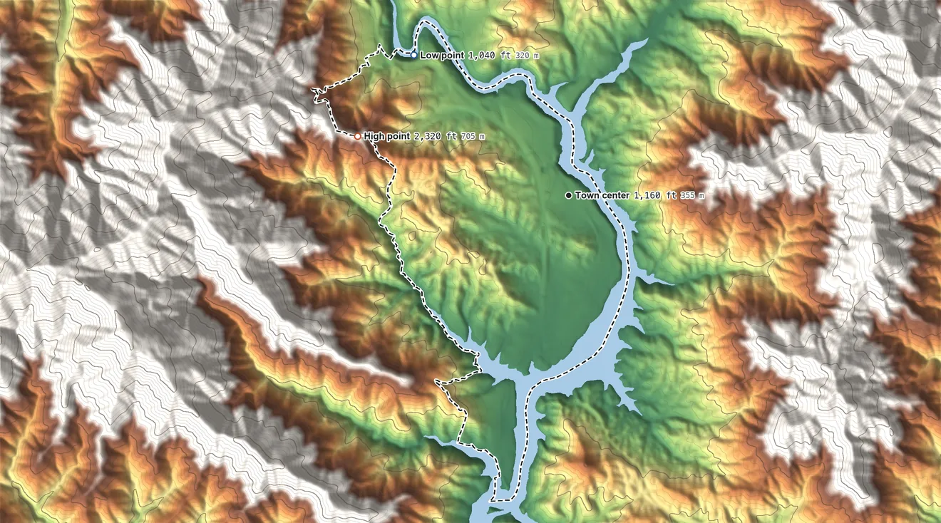 Topographic elevation map of Lakehead, California, shaded from 1,040 ft on the northwest side to 2,320 ft on the west edge, below higher ground just outside