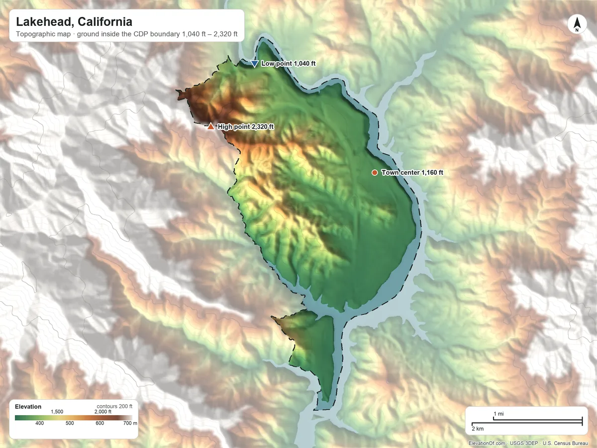 Topographic elevation map of Lakehead, California, shaded from 1,040 ft on the northwest side to 2,320 ft on the west edge, below higher ground just outside