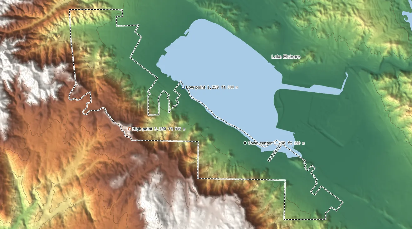 Topographic elevation map of Lakeland Village, California, shaded from 1,250 ft on the northwest side to 3,100 ft on the west side