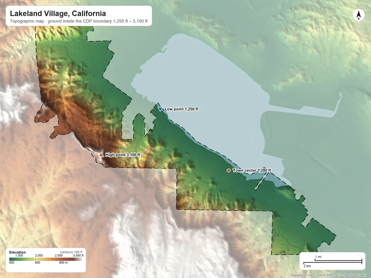 Topographic elevation map of Lakeland Village, California, shaded from 1,250 ft on the northwest side to 3,100 ft on the west side