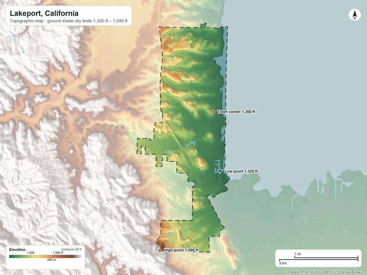 Topographic elevation map of Lakeport, California, shaded from 1,320 ft on the south side to 1,590 ft on the south edge, below higher ground just outside