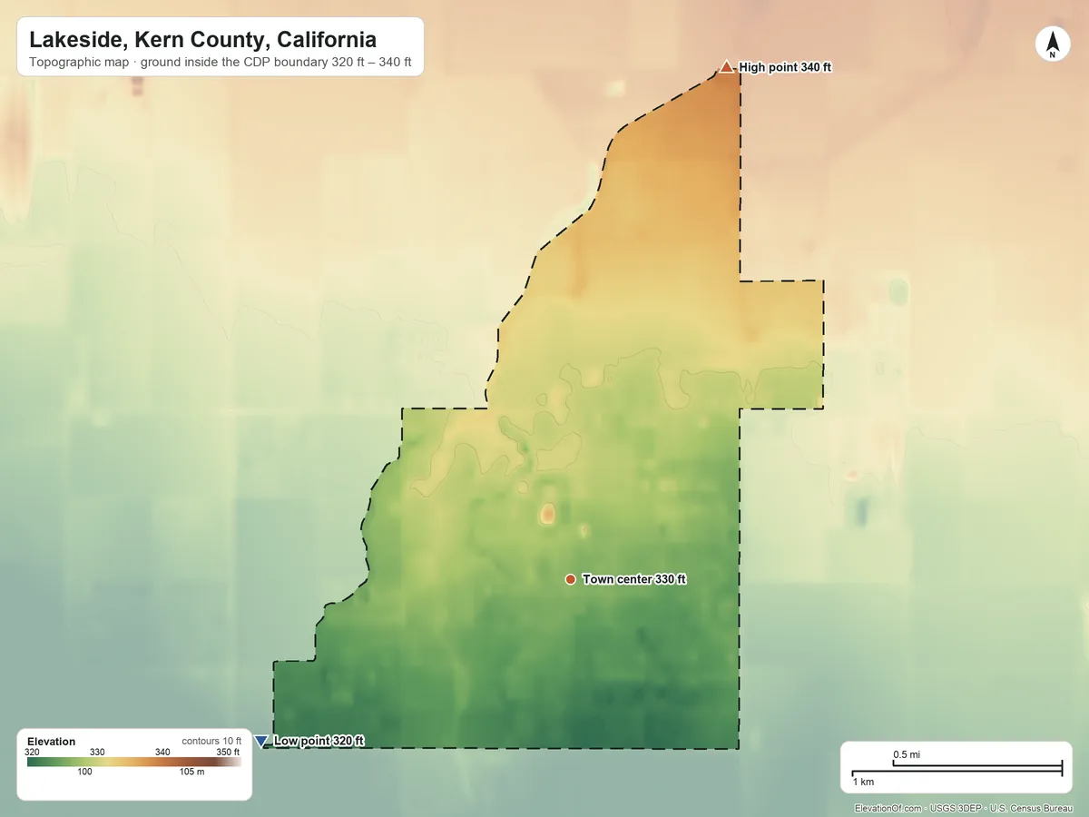 Topographic elevation map of Lakeside, Kern County, California, shaded from 320 ft on the southwest side to 340 ft on the north side