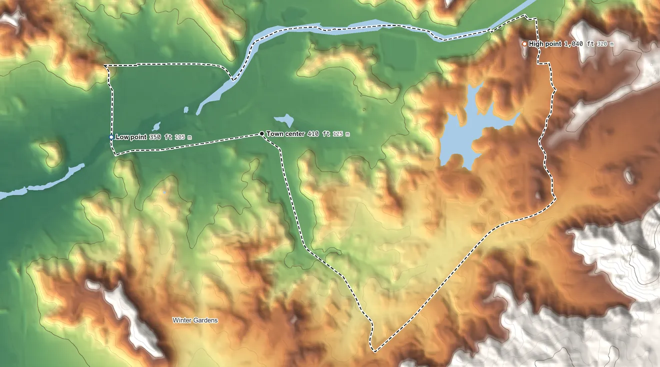 Topographic elevation map of Lakeside, California, shaded from 350 ft on the west side to 1,040 ft at the foot of the Fletcher Hills
