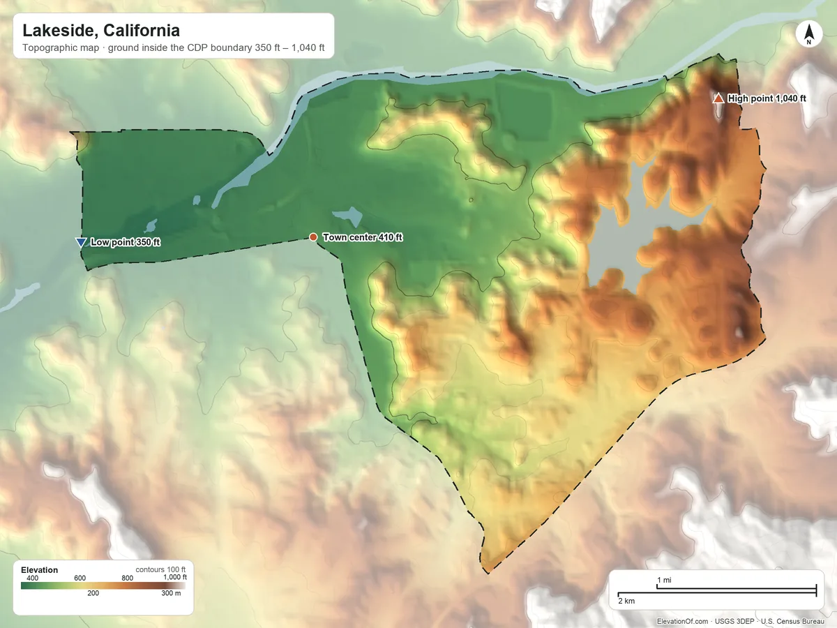 Topographic elevation map of Lakeside, California, shaded from 350 ft on the west side to 1,040 ft at the foot of the Fletcher Hills