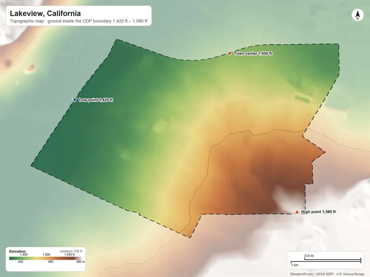 Topographic elevation map of Lakeview, California, shaded from 1,420 ft on the west side to 1,580 ft at the foot of the Lakeview Mountains