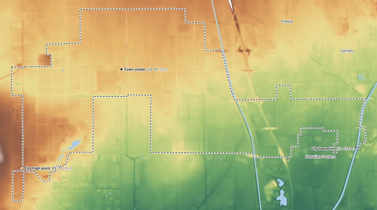 Topographic elevation map of Lakewood, California, shaded from 27 ft on the east side to 85 ft on the southwest side