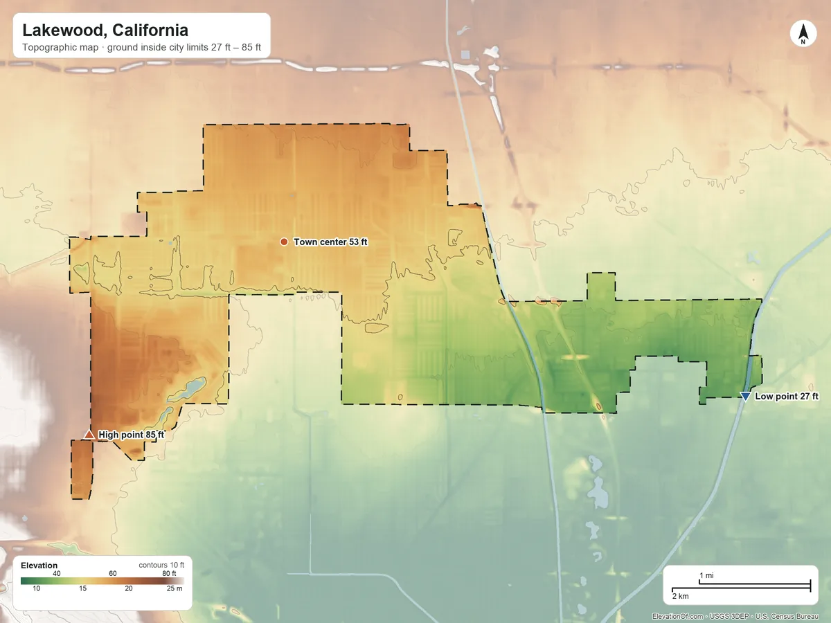Topographic elevation map of Lakewood, California, shaded from 27 ft on the east side to 85 ft on the southwest side