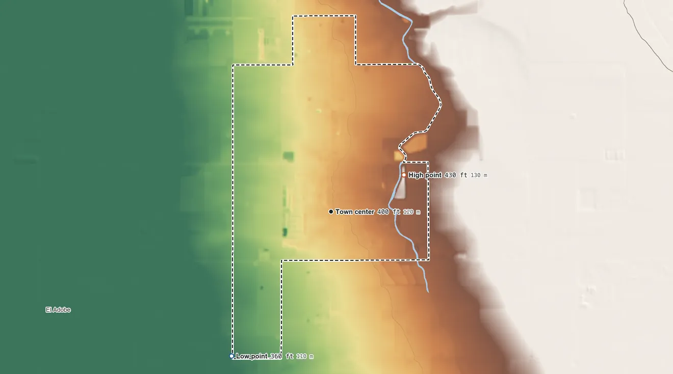 Topographic elevation map of Lamont, California, shaded from 360 ft on the southwest side to 430 ft on the northeast side