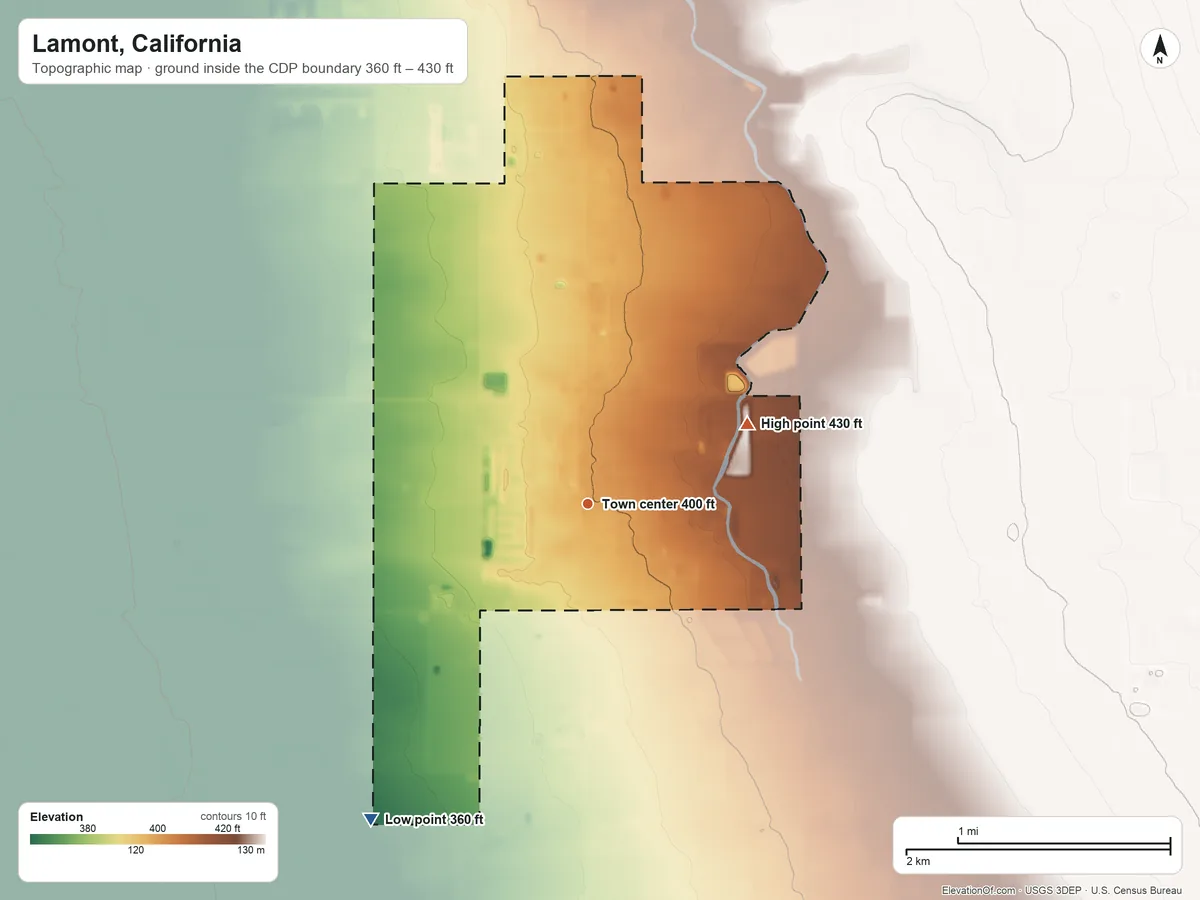 Topographic elevation map of Lamont, California, shaded from 360 ft on the southwest side to 430 ft on the northeast side