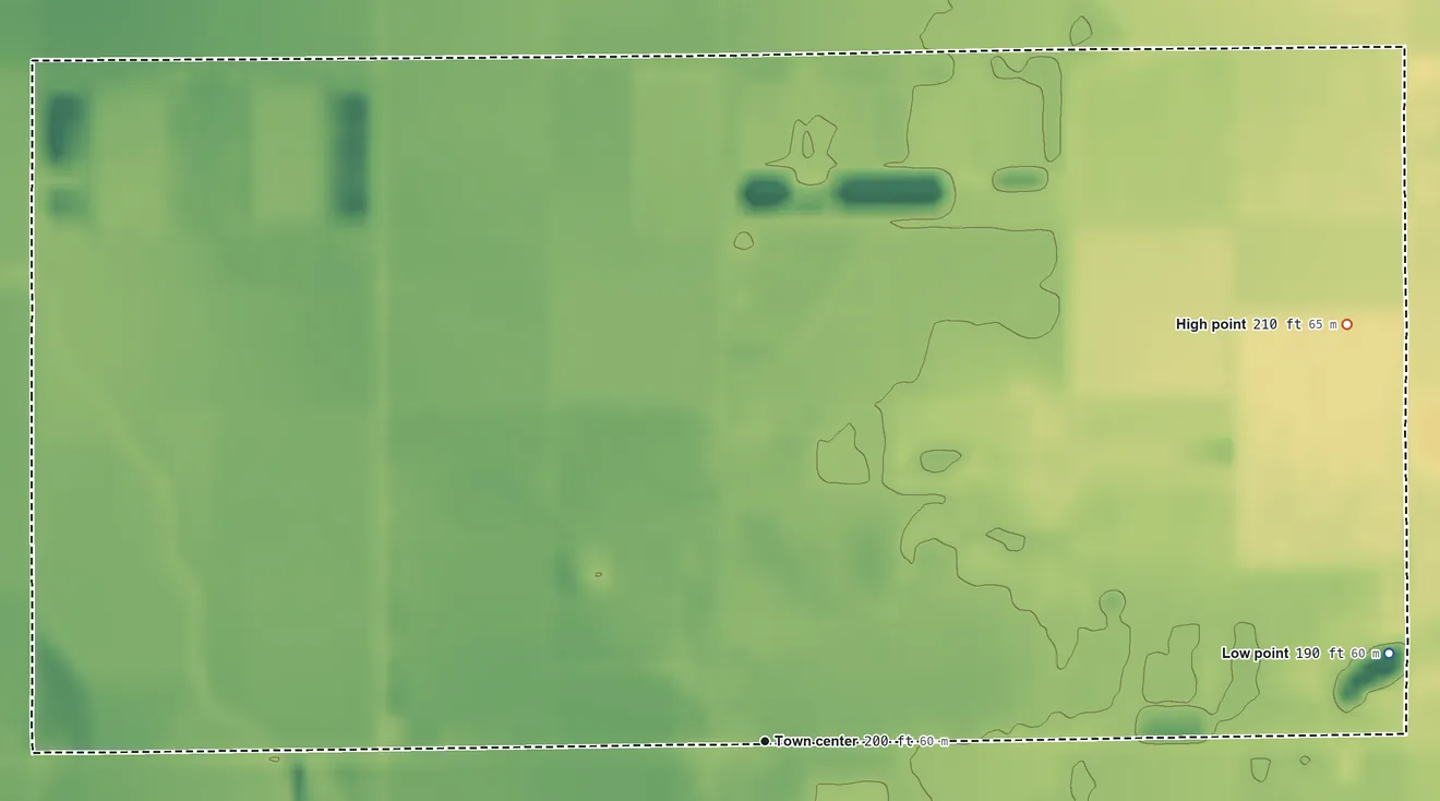 Topographic elevation map of Lanare, California, shaded from 190 ft on the east side to 210 ft on the northeast side